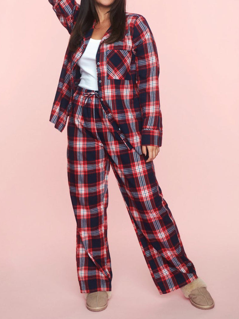 Hazel Blues® |  Plaid Collared Neck Button Up Top and Pants Lounge Set