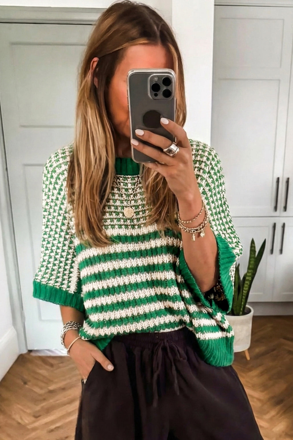 Easygoing Stripe Green Draped-Sleeve Sweater