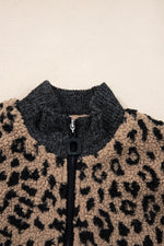 Hazel Blues® |  Khaki Leopard Print Zip Up Stand Neck Side Pocket Jacket