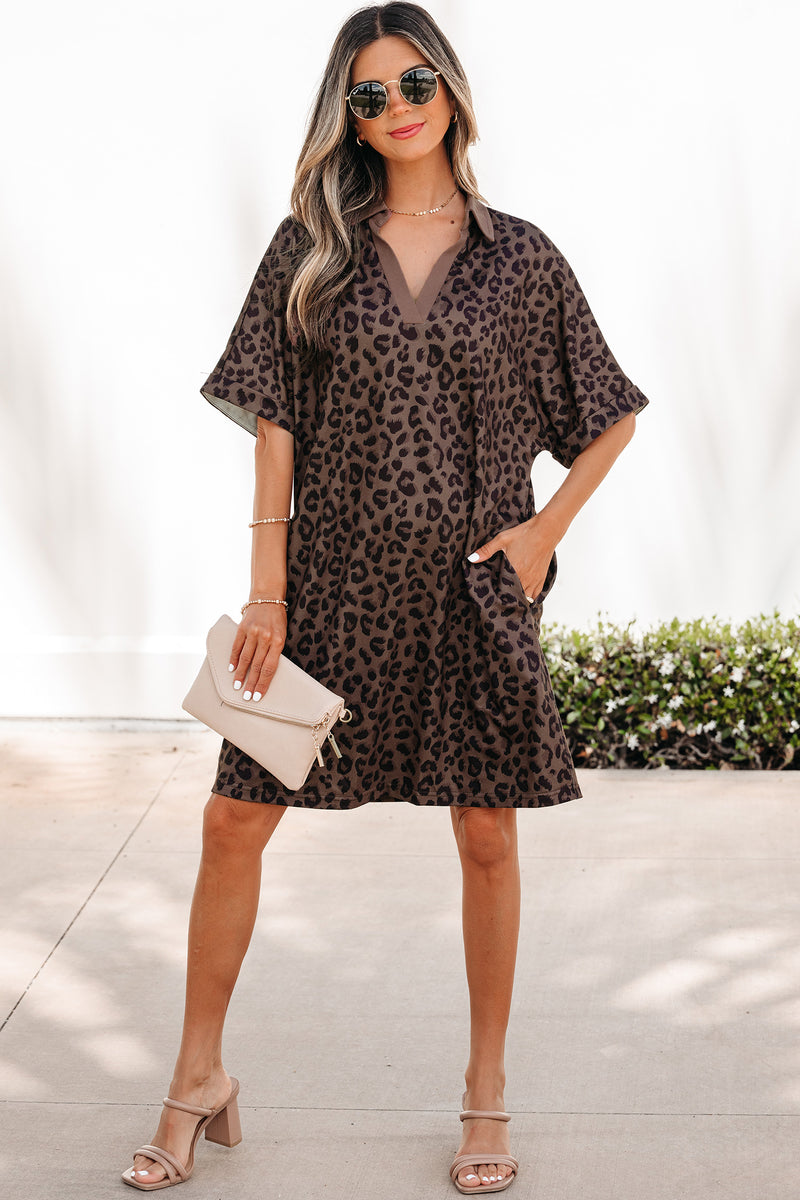 brown print dress Brown Leopard Print Contrast Collar V-Neck Mini Dress – Hazel Blues®