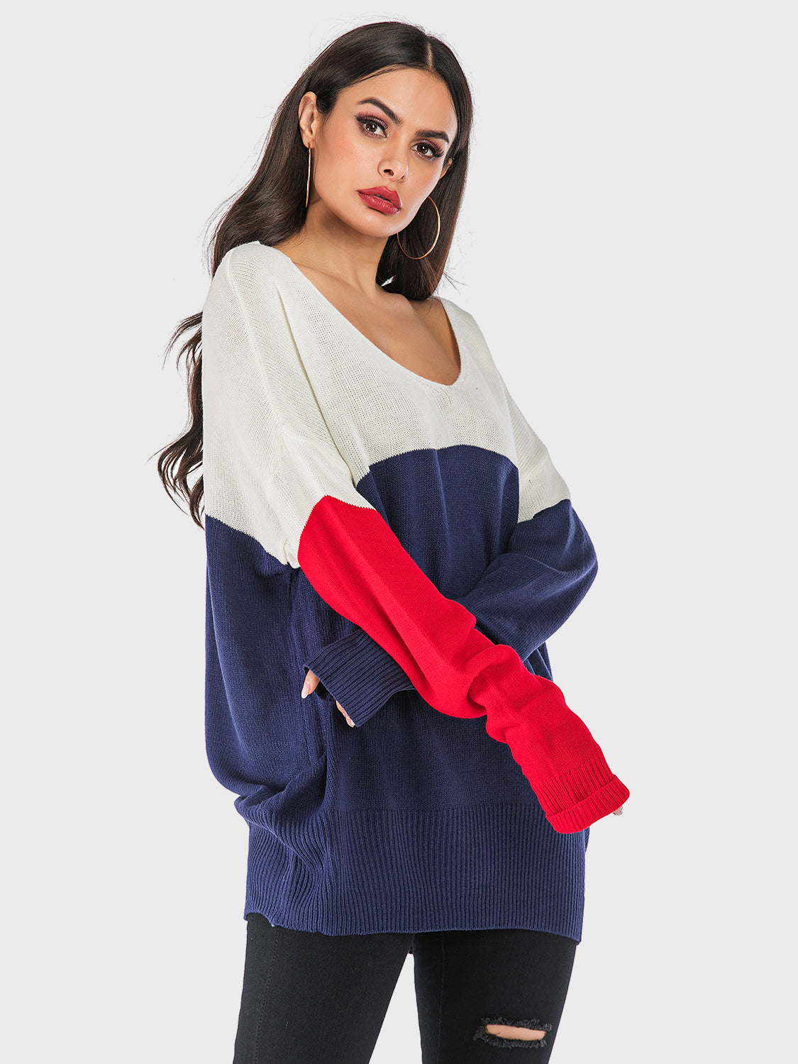 Hazel Blues® |  Perfee Contrast V-Neck Long Sleeve Knit Top