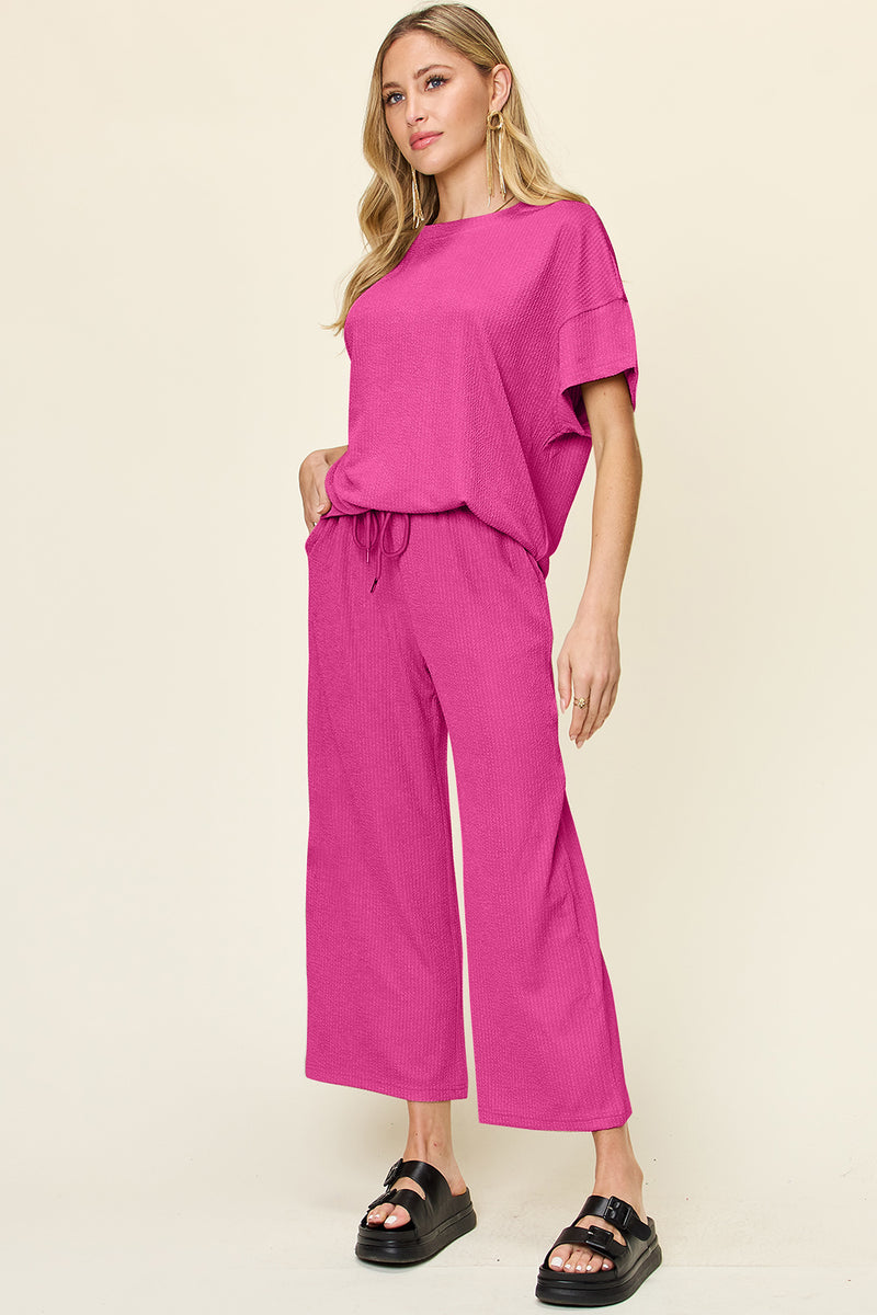 Hazel Blues® |  Double Take Texture Round Neck Short Sleeve T-Shirt and Wide Leg Pants