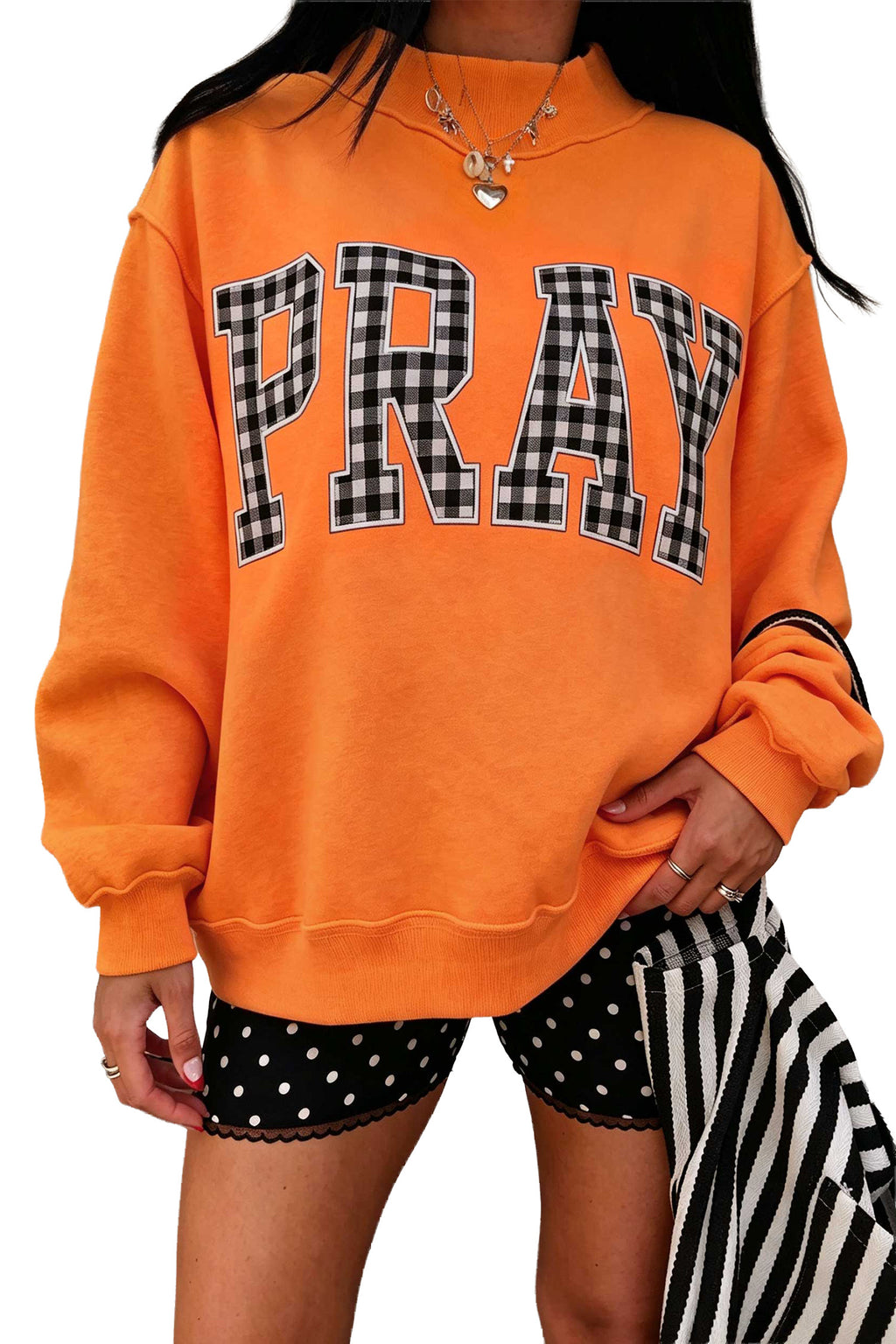 Orange PRAY Plaid Embroidered Sweatshirt