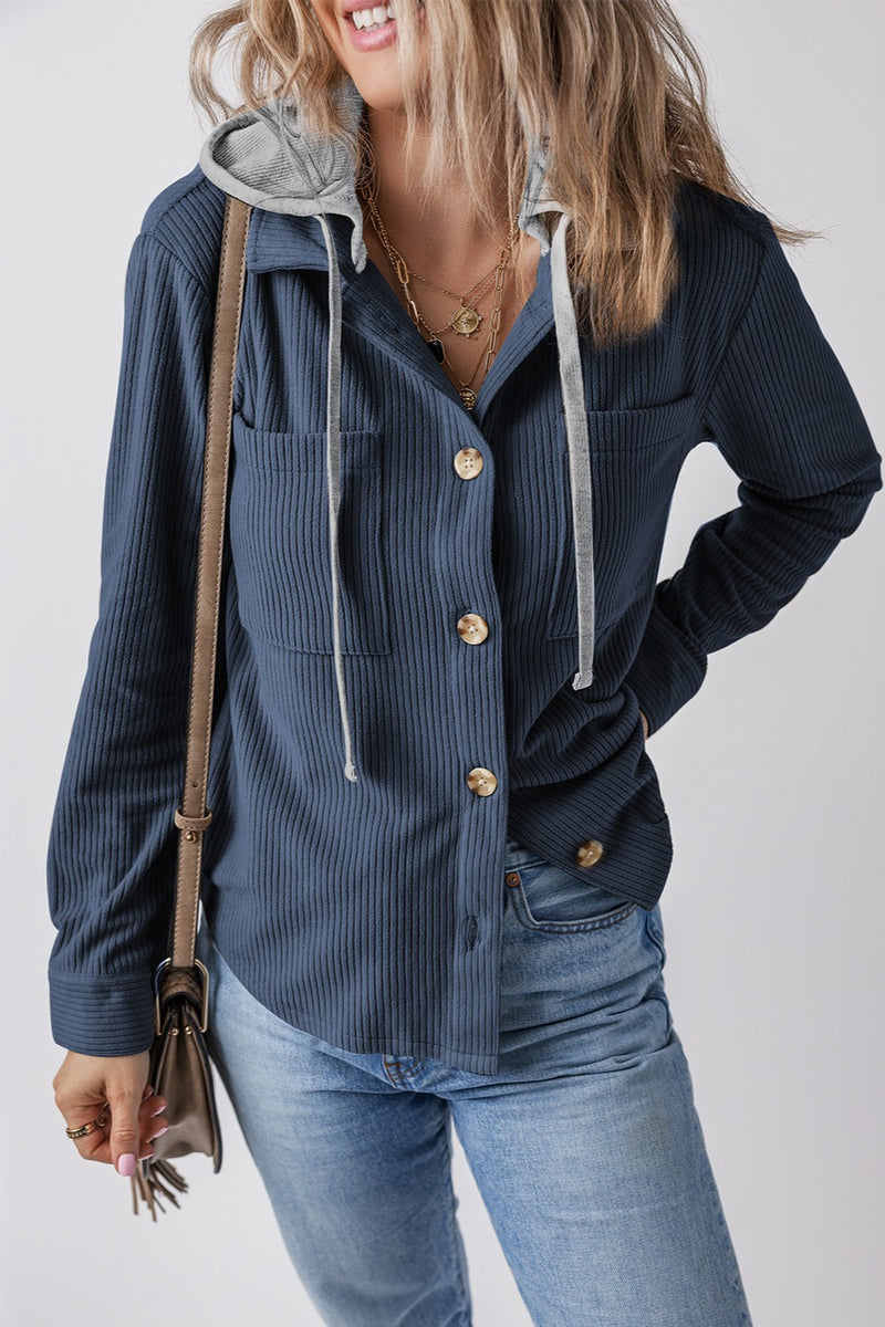 Hazel Blues® |  Drawstring Button Up Long Sleeve Hooded Jacket