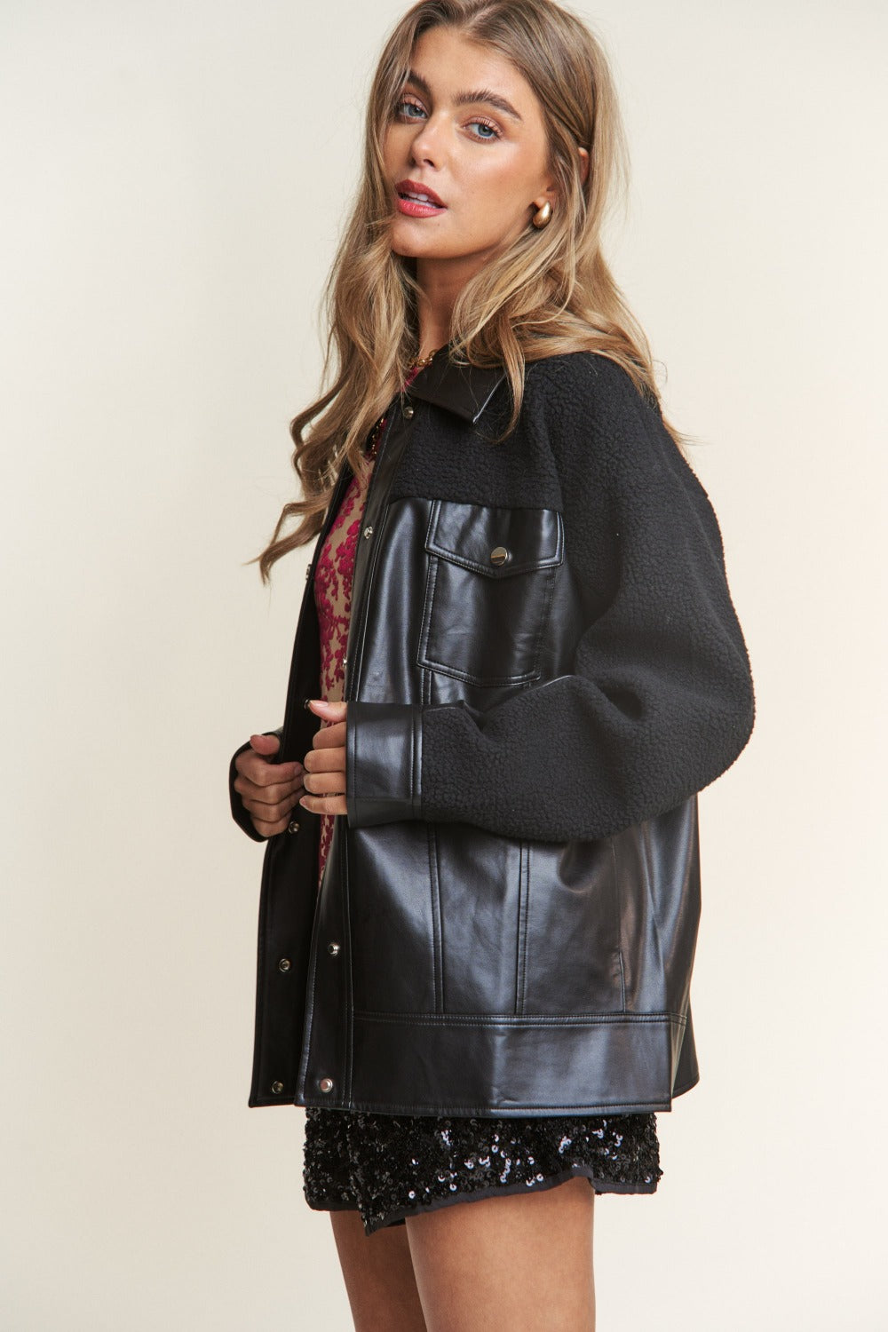 Hazel Blues® |  J.NNA Faux Leather Sherpa Contrast Snap Down Jacket