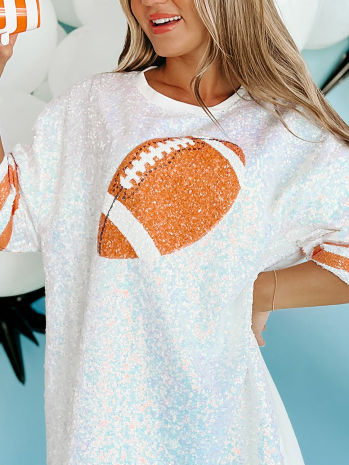 Hazel Blues® |  Sequin Football Round Neck Half Sleeve Oversize Top