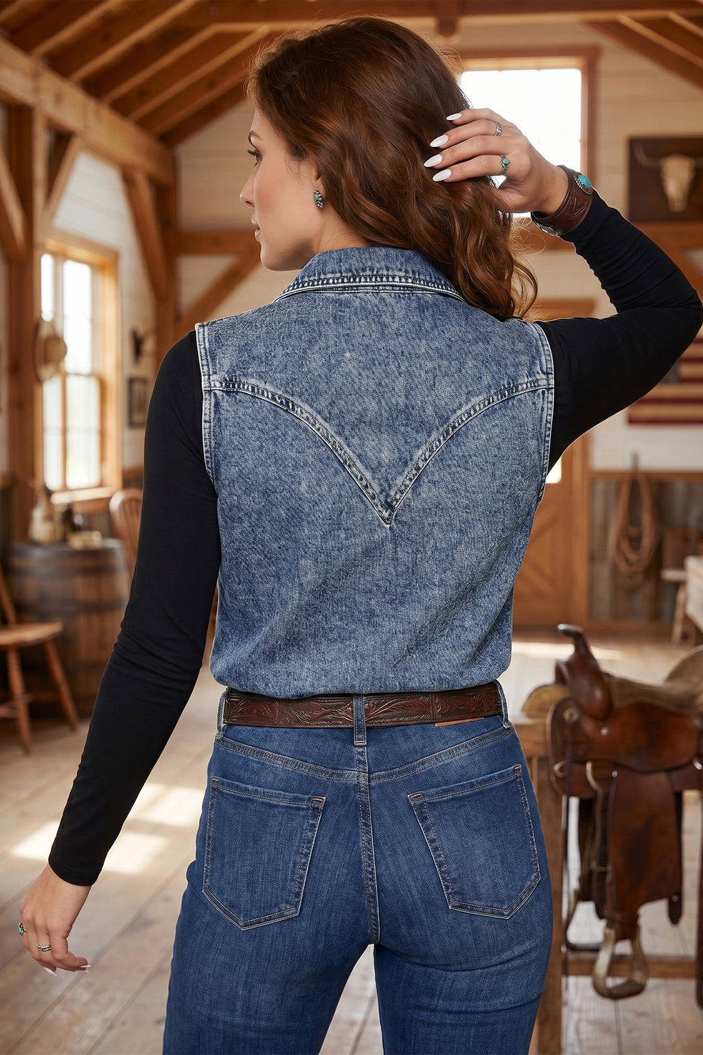 Solid Denim Button Front Pocket Sleeveless Cowboy Vest