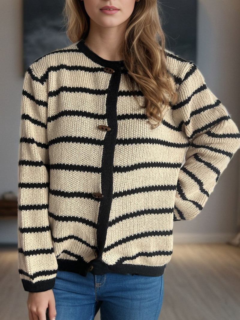 Hazel Blues® |  Striped Round Neck Long Sleeve Cardigan