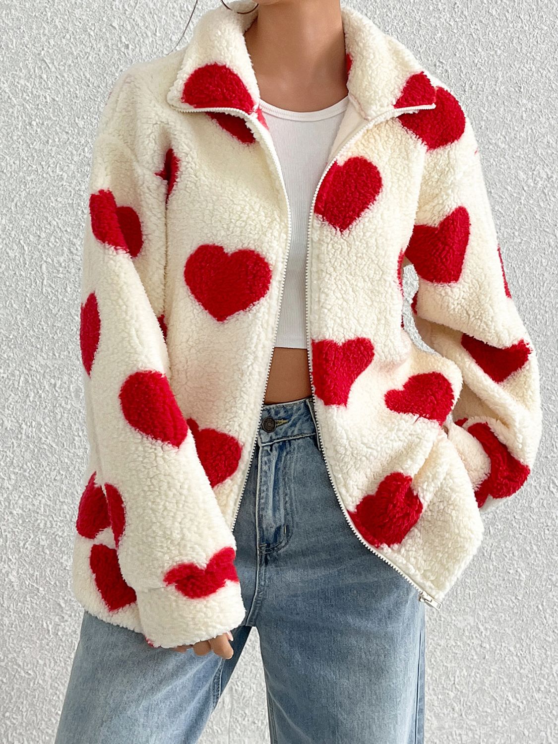 Hazel Blues® |  Heart Zip Up Drop Shoulder Furry Jacket