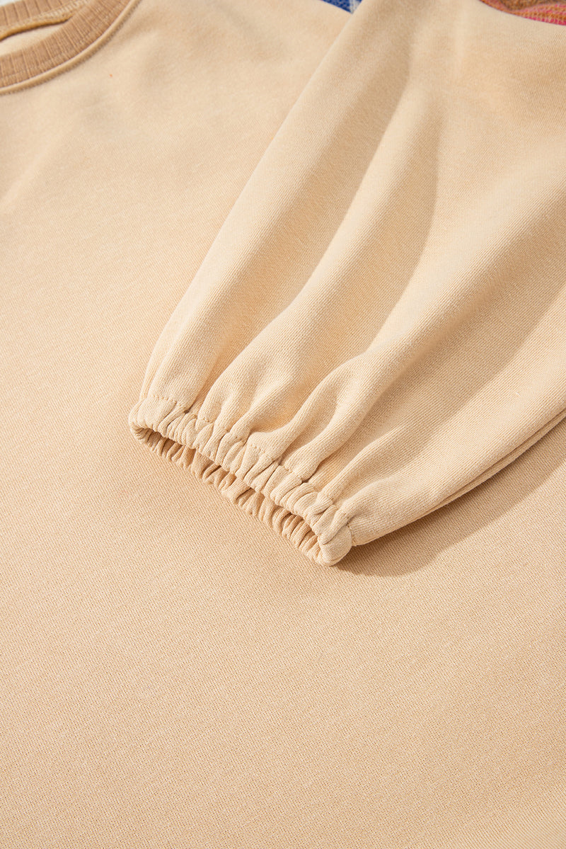 Hazel Blues® |  Light French Beige Aztec Patchwork Raglan Pullover Sweatshirt