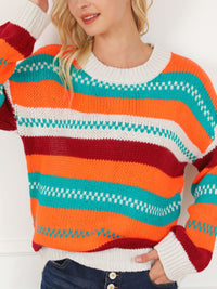 Hazel Blues® |  Contrast Striped Round Neck Long Sleeve Sweater