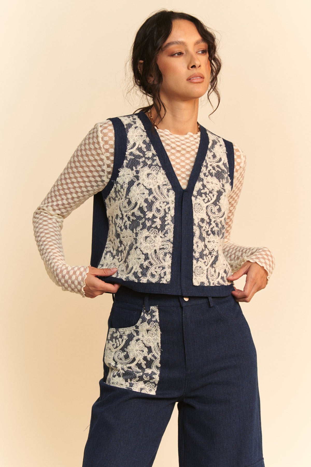 Hazel Blues® |  Davi & Dani Lace Patch Open Front Denim Vest