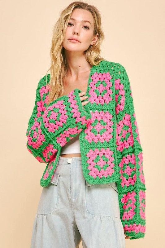 Hazel Blues® |  Davi & Dani Two Tone Flower Square Crochet Open Front Cardigan