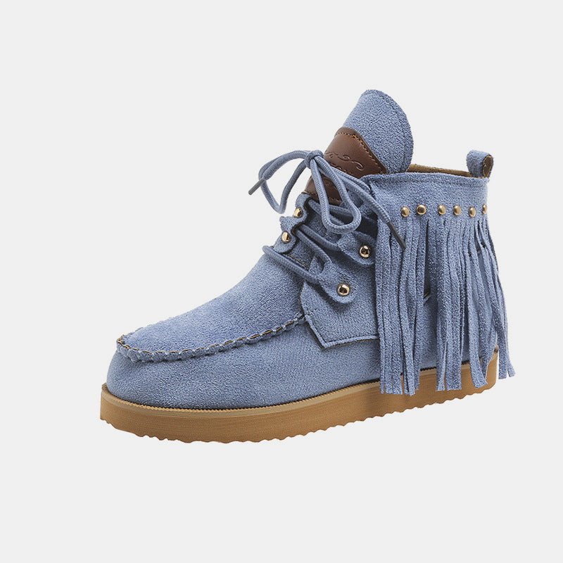 Hazel Blues® |  Fringe Studded Round Toe Canvas Boots