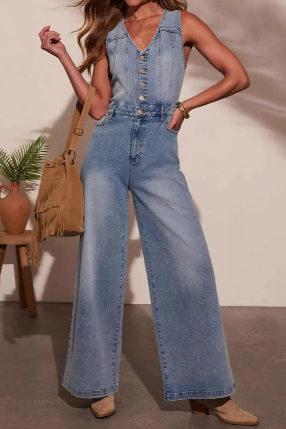 V-neck Wide Leg Denim Jumpsuit – Hazel Blues®