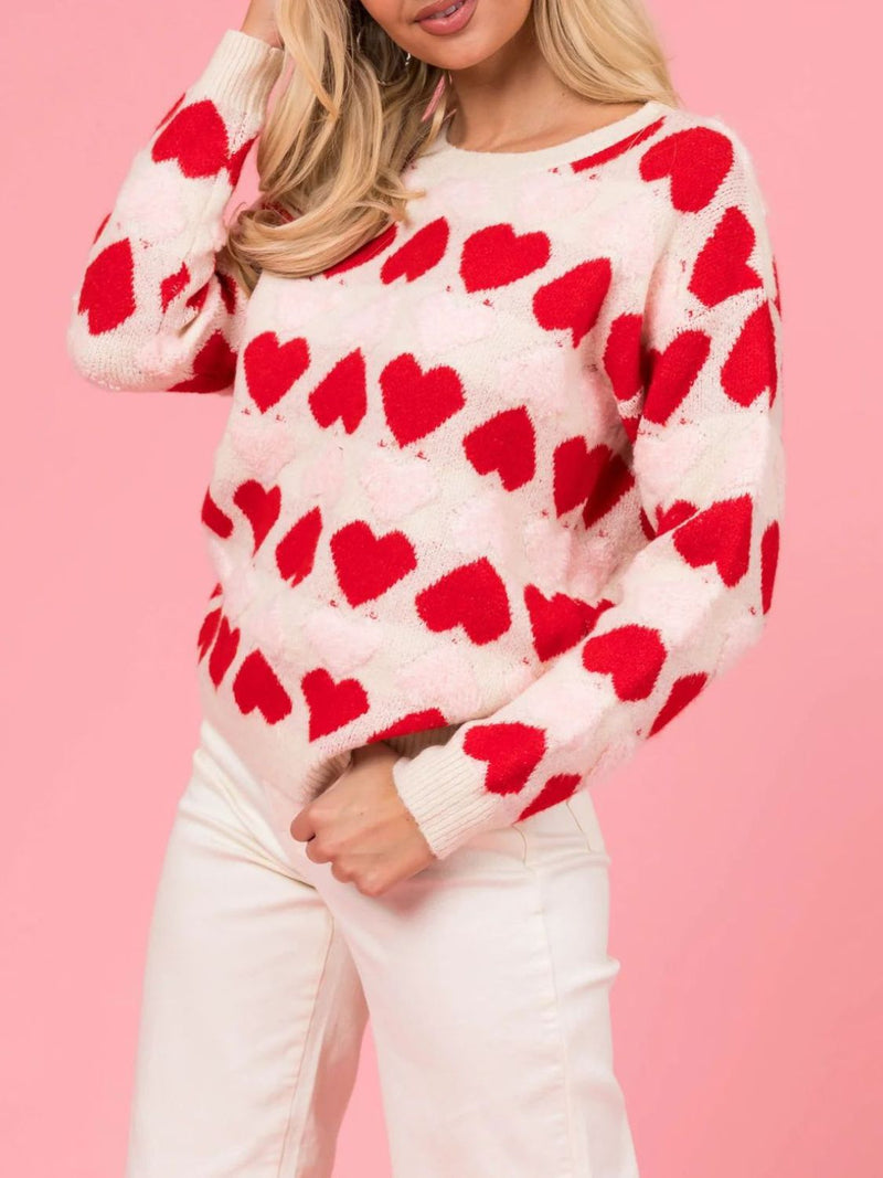 Hazel Blues® |  Valentine’s Day Fuzzy Heart Round Neck Long Sleeve Sweater