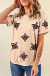 Hazel Blues® |  Khaki Sequined Turkey Patched Pattern Crewneck Thanksgiving T Shirt