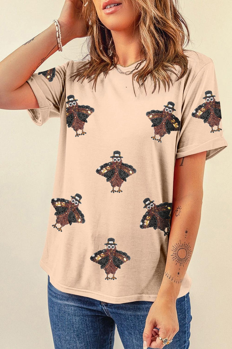 Hazel Blues® |  Khaki Sequined Turkey Patched Pattern Crewneck Thanksgiving T Shirt