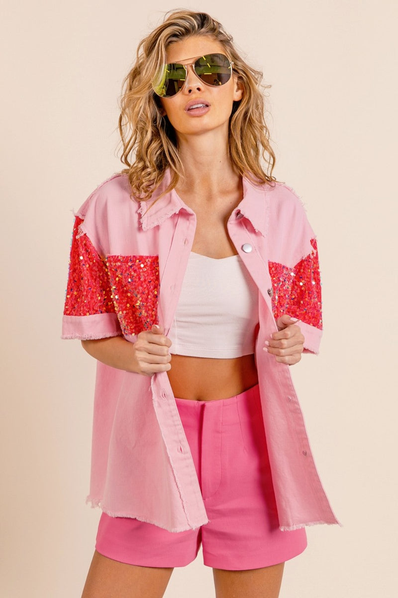 Hazel Blues® |  BiBi Sequin Detail Raw Hem Short Sleeve Shirt