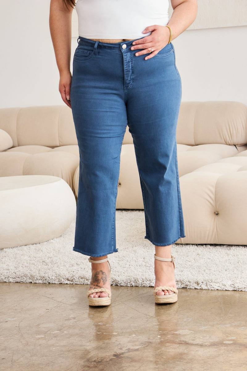 Hazel Blues® |  RFM Crop Chloe Tummy Control High Waist Raw Hem Jeans