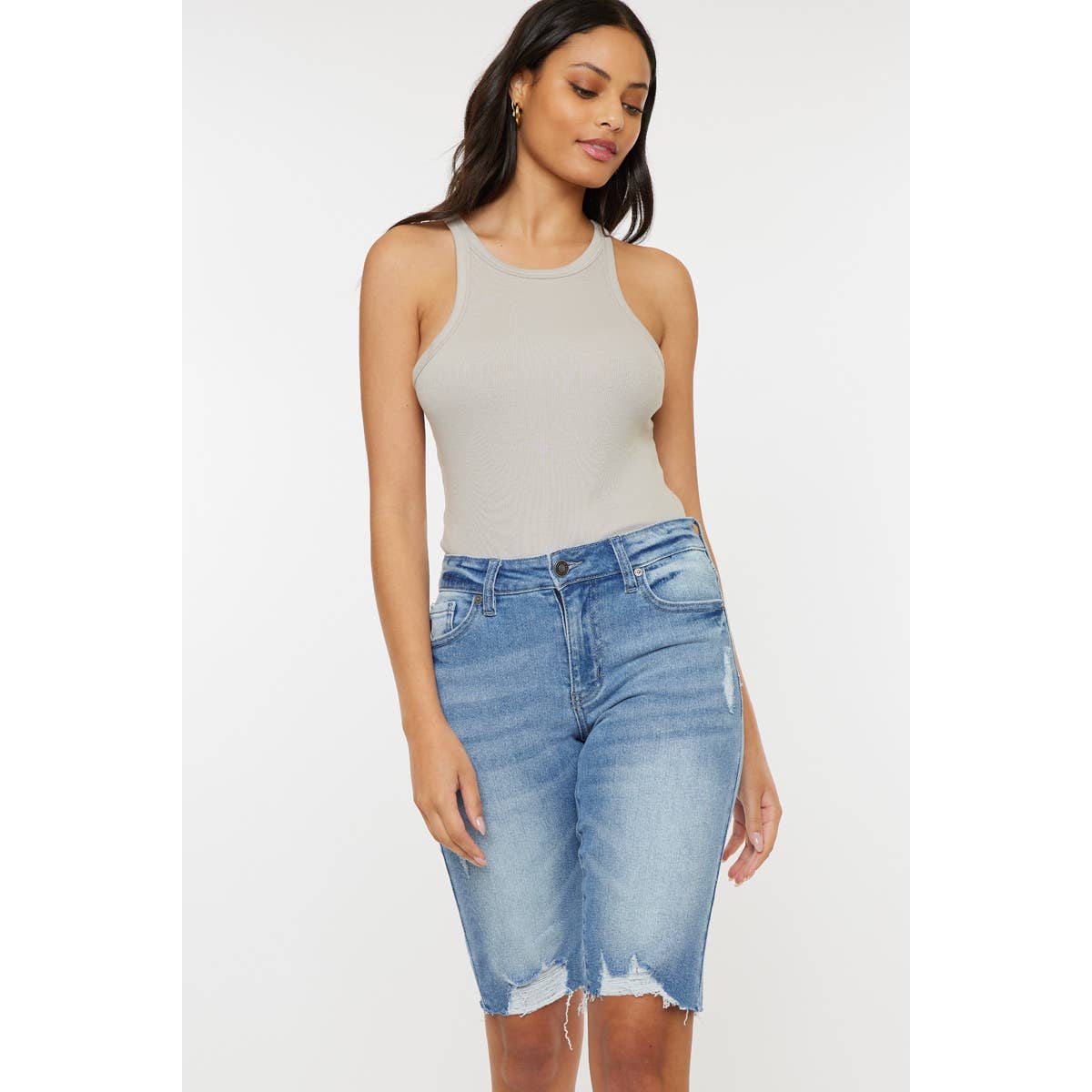 Hazel Blues® |  Kan Can Mid Rise Distressed Bermuda Shorts