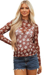 Hazel Blues® |  Red Mesh Star Print Mock Neck Sheath Long Sleeve Top