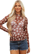 Hazel Blues® |  Red Mesh Star Print Mock Neck Sheath Long Sleeve Top