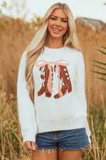 Hazel Blues® |  White Embroidered Bow Boots Graphic Drop Shoulder Sweater
