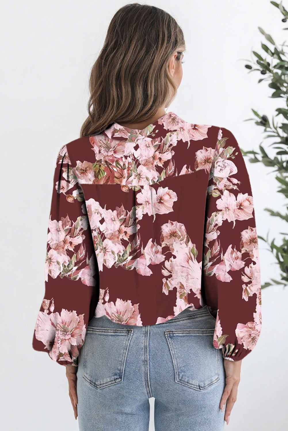 Brown Floral Puff-Sleeve Lightweight Shirt