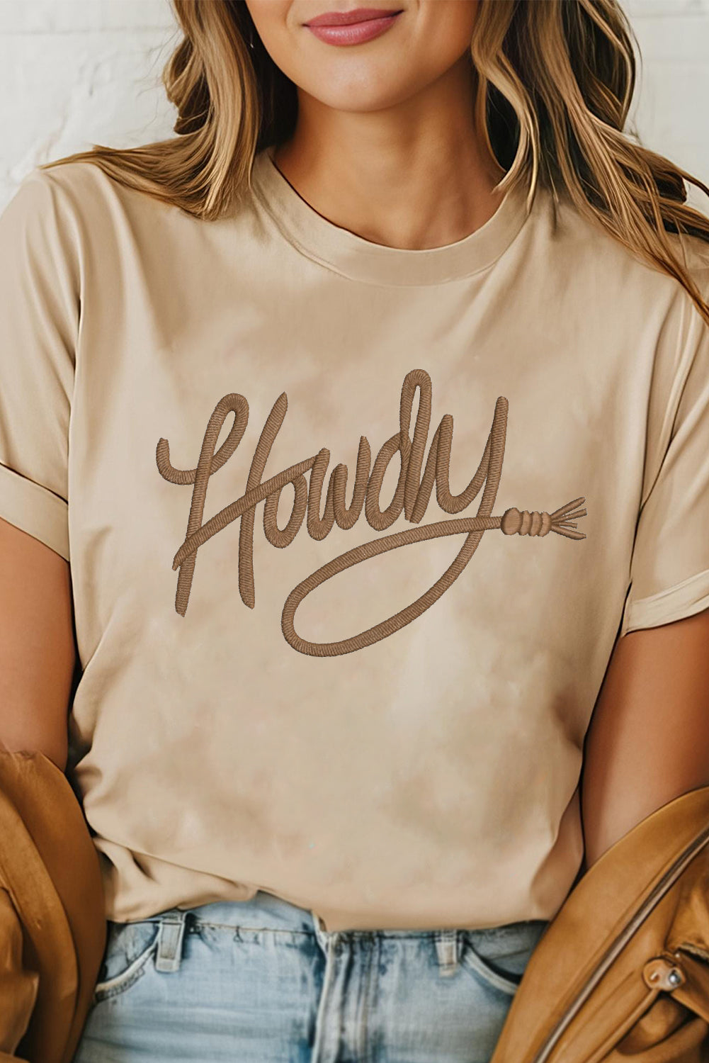 Hazel Blues® |  Khaki Howdy Embroidered Graphic Western Tee