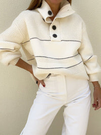 Hazel Blues® |  Waffle-Knit Half Button Long Sleeve Sweater