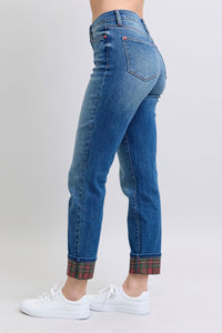 Hazel Blues® |  Judy Blue Plaid Print Cuff Straight Leg Jeans with Pockets