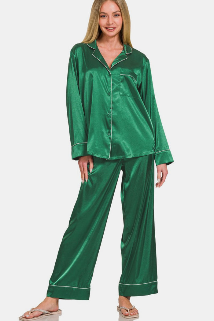 Hazel Blues® |  Zenana Satin Long Sleeve Shirt and Pants Pajama Set