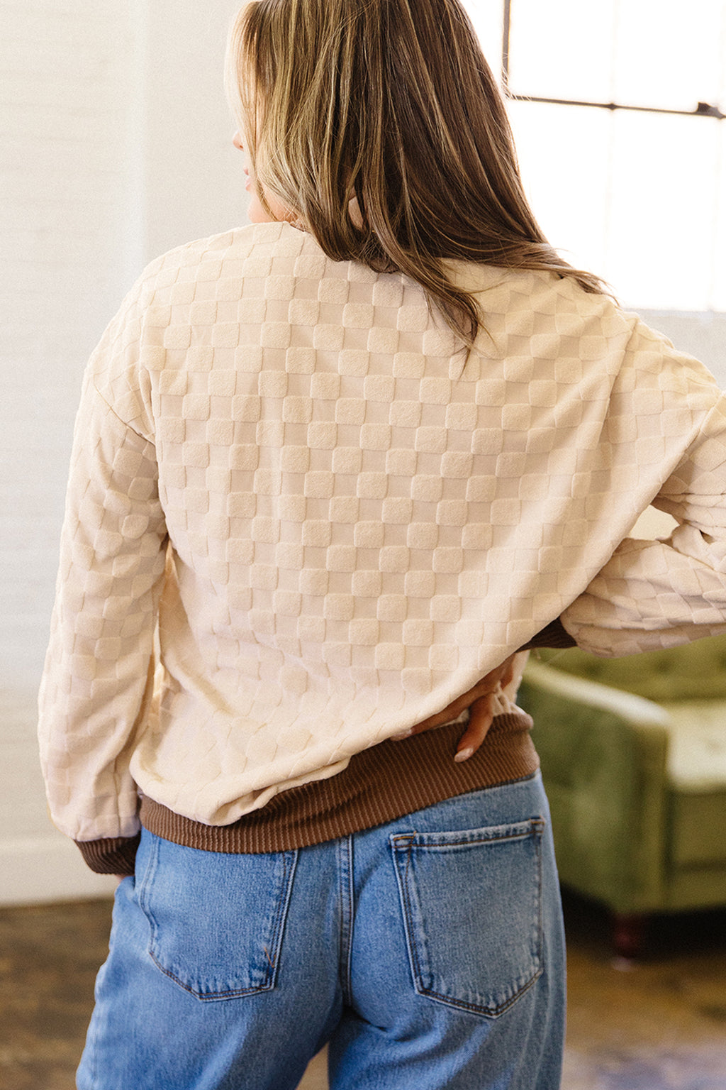 Parchment Plush Checkerboard Long-Sleeve Top