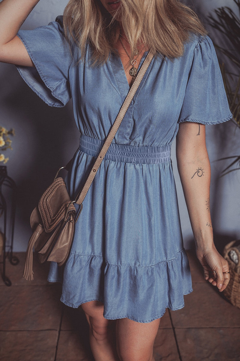 denim flutter sleeve mini dress Rock & Roll Denim Women's Solid Flutter Sleeve Mini Dress