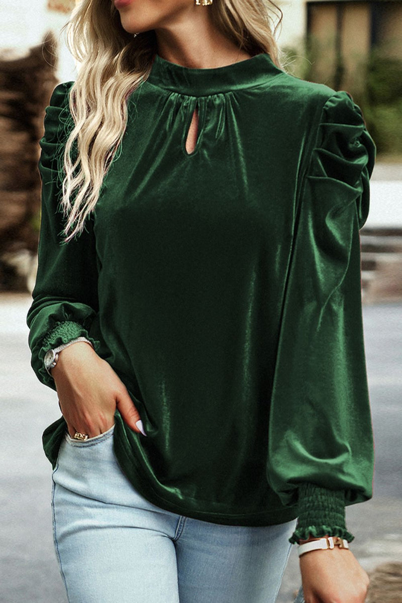 Mock Neck Puff Sleeve Velvet Blouse