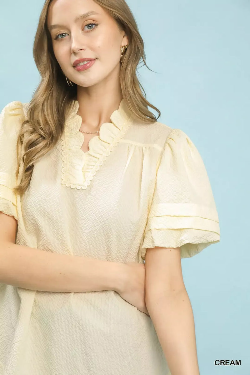Hazel Blues® | Umgee Textured Scallop Trim Puff Sleeve Blouse