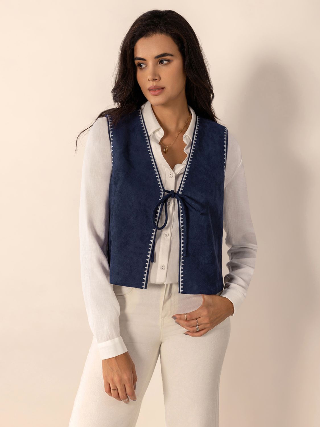 Hazel Blues® |  Tied Contrast Trim Vest