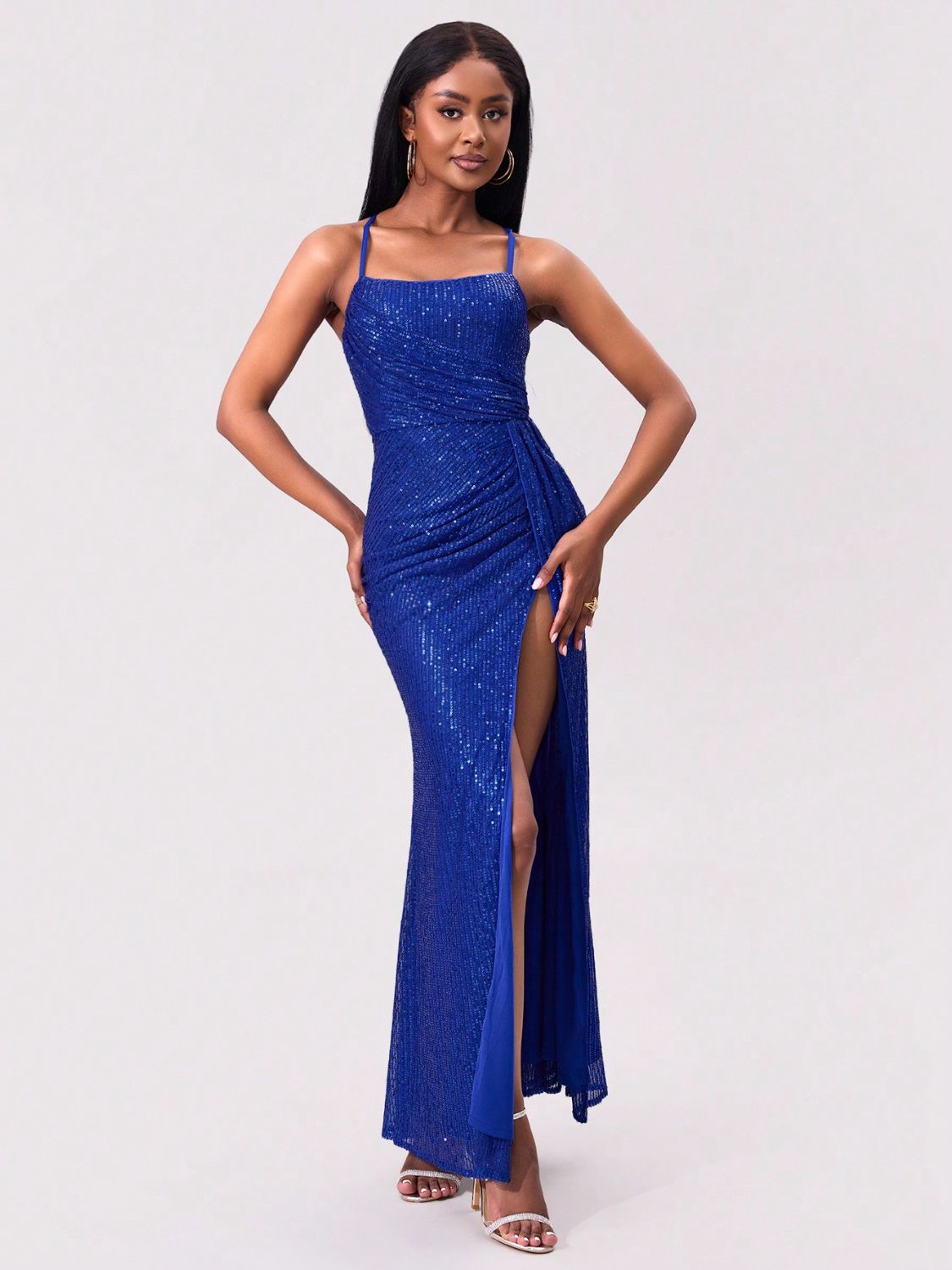 Hazel Blues® |  Slit Sequin Square Neck Spaghetti Strap Dress