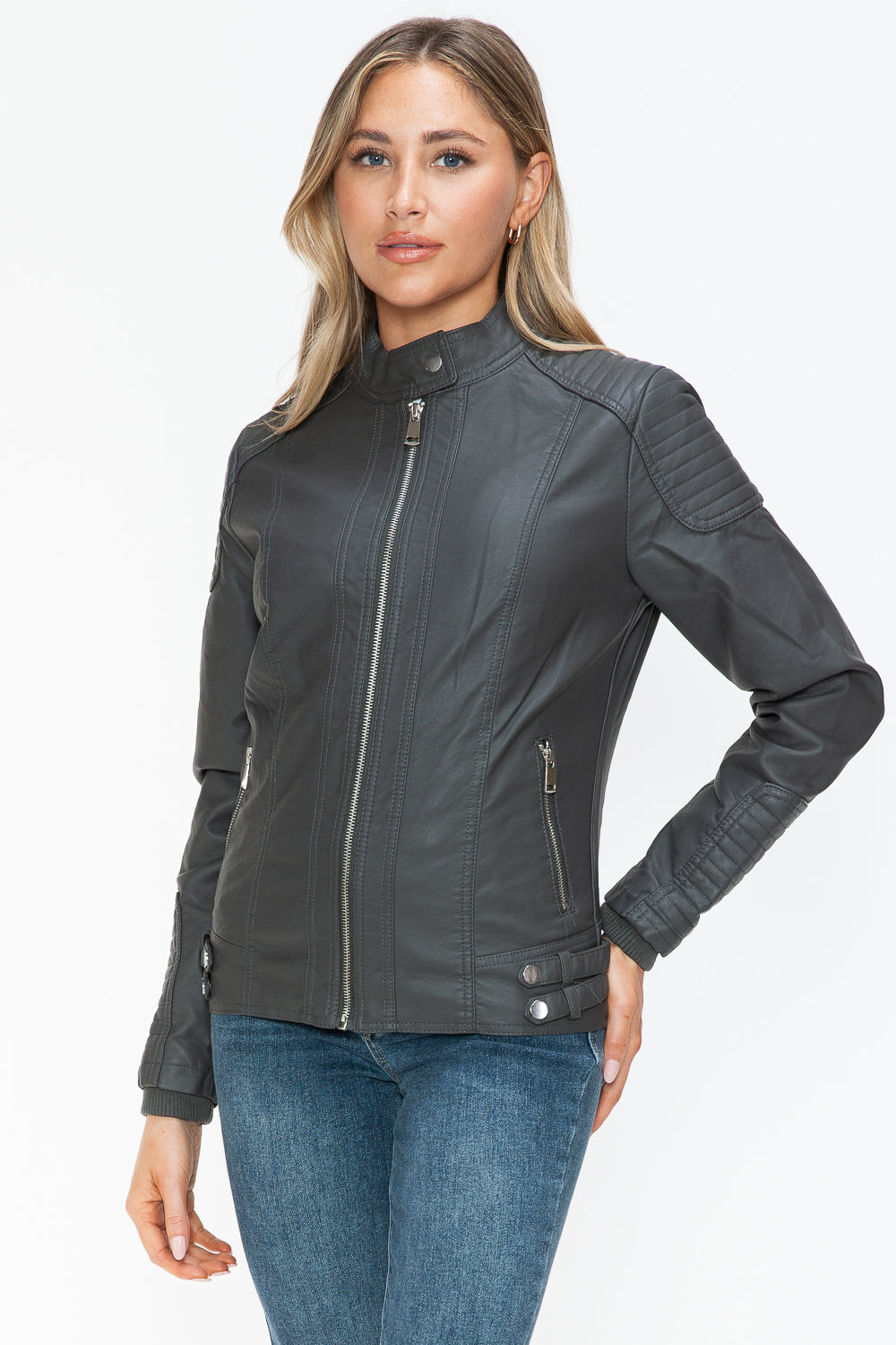 Hazel Blues® |  Snobbish Faux Leather Biker Jacket with Side Zip Pockets