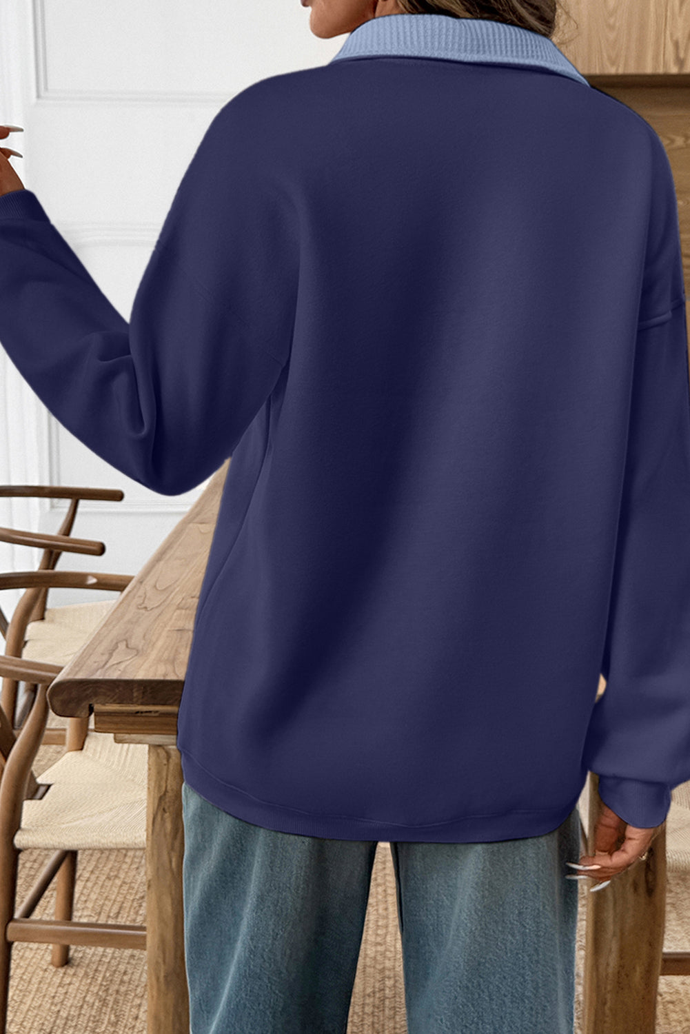 Blue Metal-Button Drop-Shoulder Sweatshirt