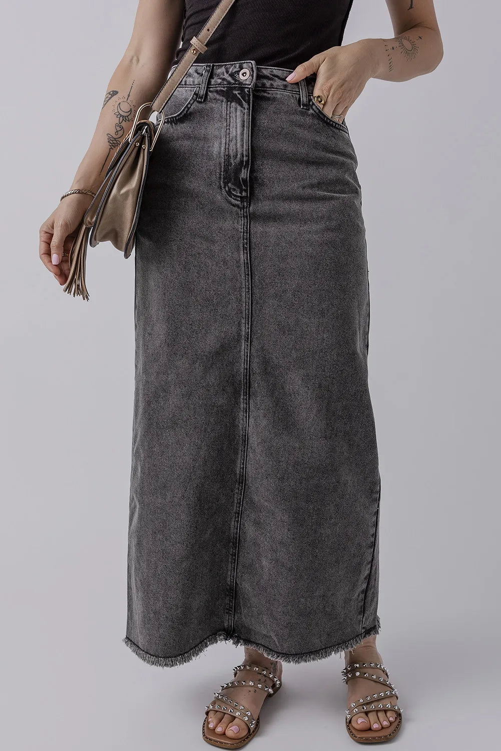 Hazel Blues® |  Raw Hem Midi Denim Skirt with Pockets