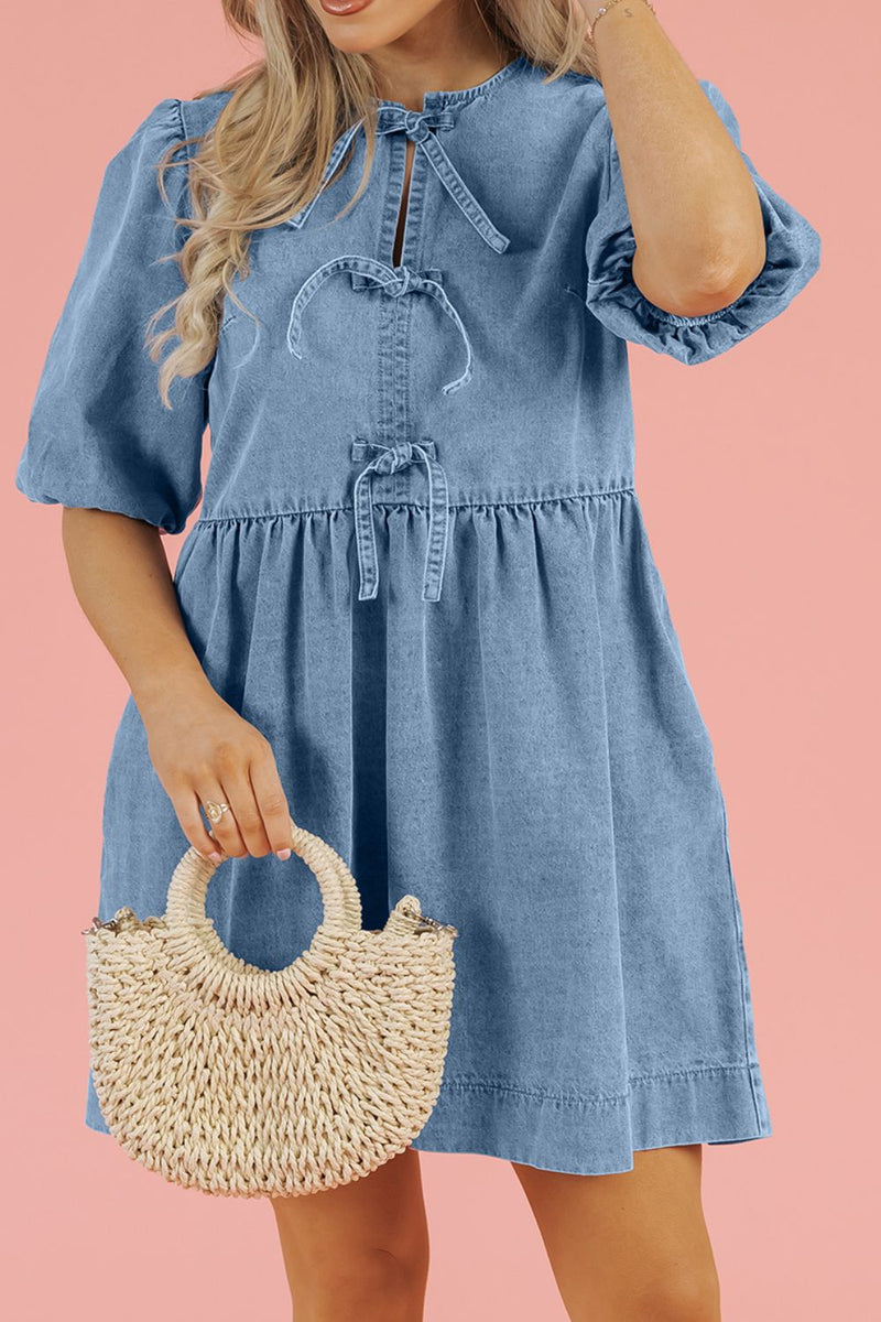 Hazel Blues® |  Bowknot Round Neck Half Sleeve Denim Dress