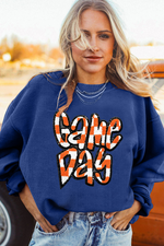 Hazel Blues® |  Dark Blue Chenille Checkered Game Day Graphic Drop Shoulder Corded Sweatshirt