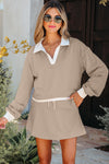 Hazel Blues® |  Parchment Raw Edge Detail Colorblock Patchwork Cropped Pullover Drawstring Skirt Set