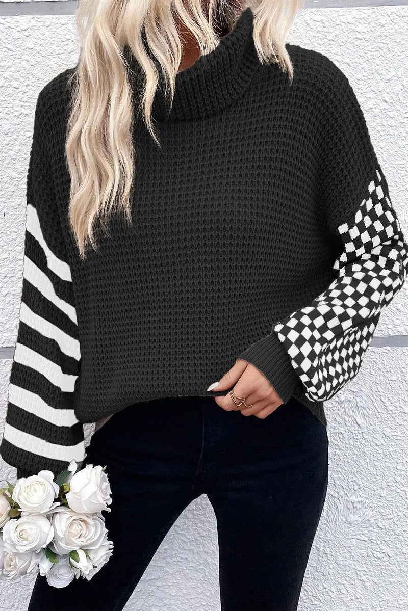 Hazel Blues® |  Checkered Striped Turtleneck Long Sleeve Sweater