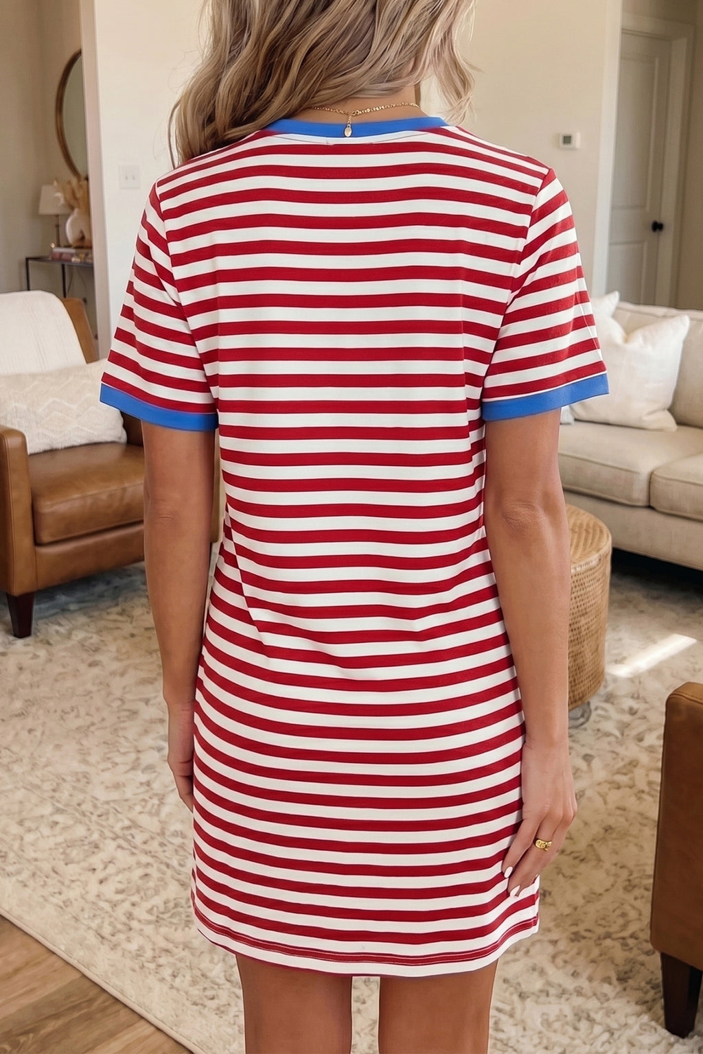 Red Nautical Tie Contrast Trim Round Neck T Shirt Mini Dress