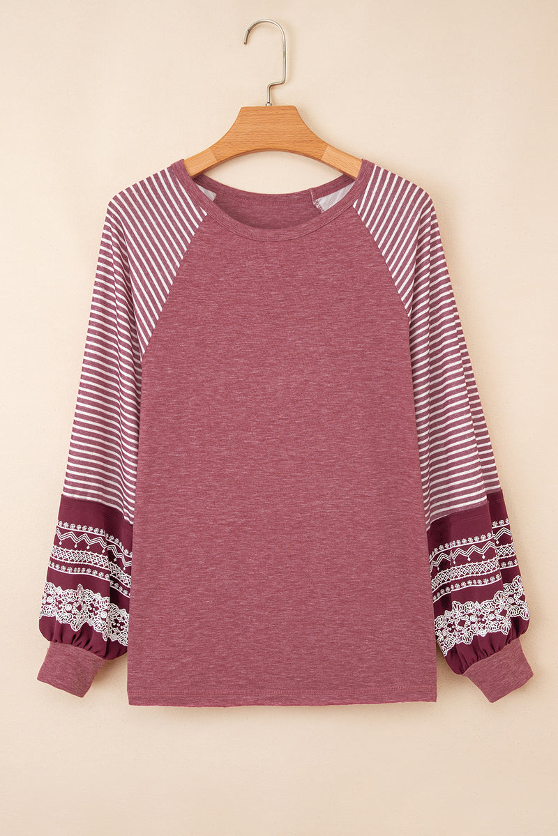 Hazel Blues® |  Black Contrast Print Striped Raglan Long Sleeve Loose Top