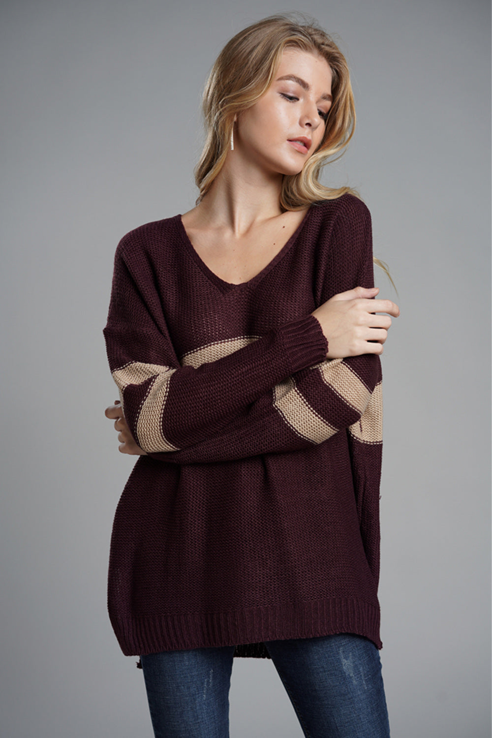 Hazel Blues® |  Slit Contrast V-Neck Long Sleeve Sweater