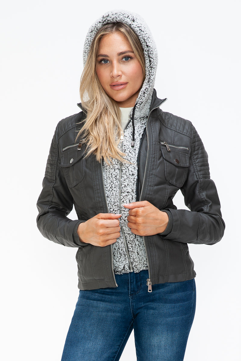 Hazel Blues® |  YMI Removable Faux Layered Multi-Pocket Jacket with Fuzzy Hood